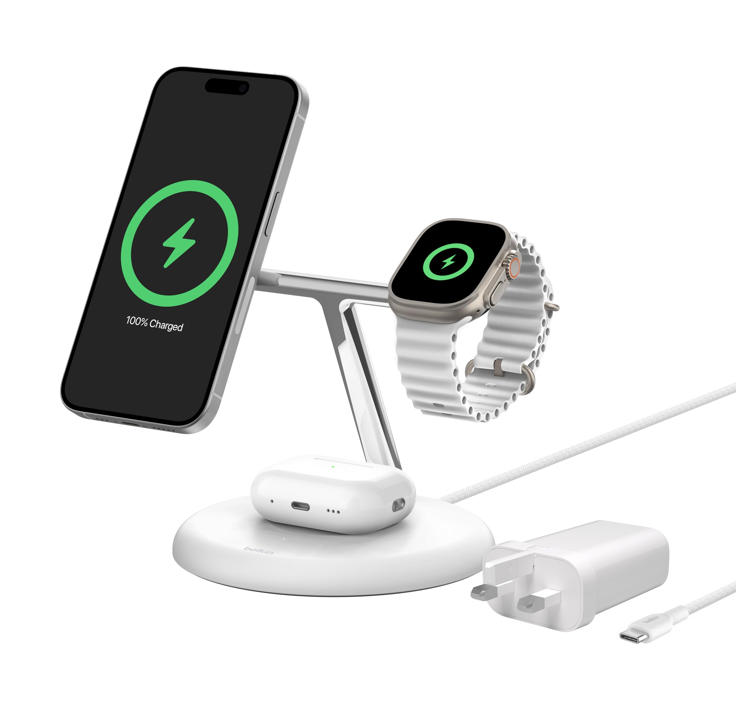 Apple - ベルキン　Mag Safe 3 in 1 ワイヤレス充電スタンド Amazon.co.jp: Belkin 3-in-1 ワイヤレス充電スタンド 磁気MagSafe対応